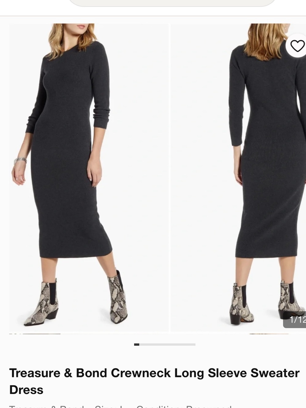Treasure & Bond Charcoal Crewneck Long Sleeve Sweater Dress